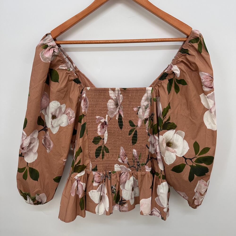 EXPRESS Floral Pleated Peplum Top in Brown Floral Print // XL - Picture 8 of 13